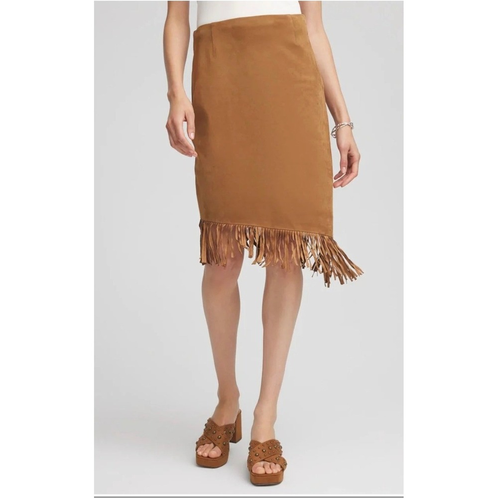Chicos Burnt Sienna Faux Suede Fringe Asymmetrical Side Zip Skirt Size 3/XL NWT